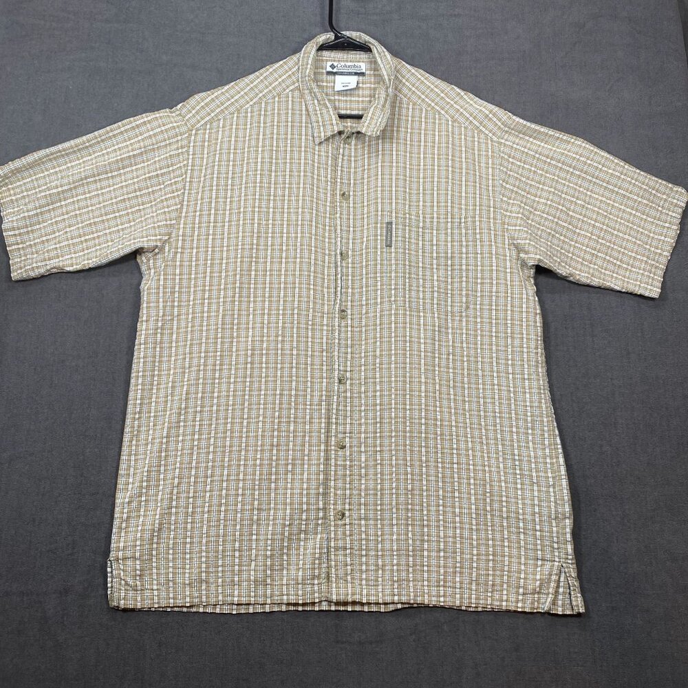 Columbia Mens XL Short-Sleeve Plaid Button-Up Shirt Beige & White 100% Cotton